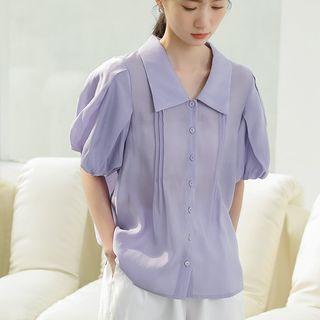Lantern-sleeve Collared Plain Pleated Blouse
