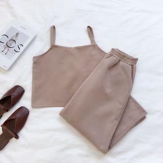 Set : Plain Loose-fit Pants + Plain Camisole Top Dark Khaki - One Size