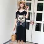 Cat Print Cut Out Shoulder Elbow Sleeve Midi Dress