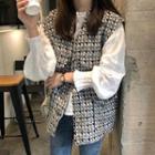 V-neck Plaid Vest / Lace Trim Long-sleeve Top