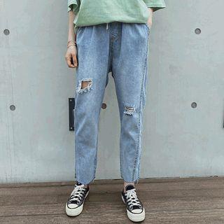 Band-waist Distressed Jeans Blue - One Size