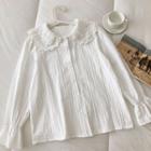 Long-sleeve Peter-pan Collar Plain Blouse White - One Size