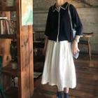 Scallop Trim 3/4-sleeve Knit Top / High-waist Midi A-line Skirt