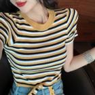 Short-sleeve Tie-waist Striped Knit Top