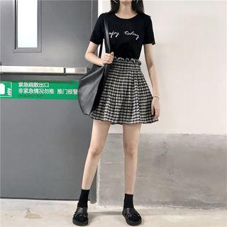 Embroided Letter T-shirt/high-waist Plaid Skirt