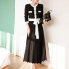 Contrast Trim Tie-waist Midi A-line Knit Dress
