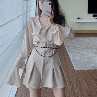 Long-sleeve Plain Mini Dress / Chain Belt