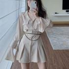 Long-sleeve Plain Mini Dress / Chain Belt
