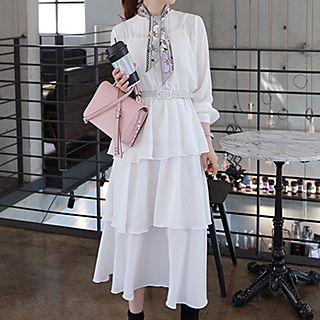 Tiered Long-sleeve Chiffon Dress