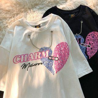 Short-sleeve Chained Heart Print T-shirt