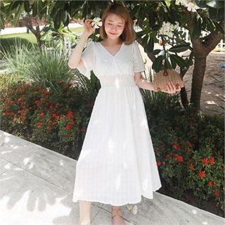 Wrap-front Smocked-waist Midi Dress