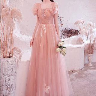 Puff-sleeve Rhinestone A-line Evening Gown