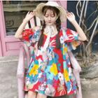 Off-shoulder Flower Print Short-sleeve Sundress Red - One Size