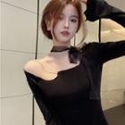 Long-sleeve Off-shoulder Chained Mesh Bow Top