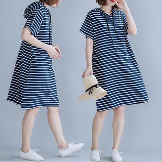 Hooded Striped Short-sleeve A-line Dress Navy Blue - One Size