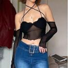 Plain Long Sleeve Off-shoulder See-through Cropped Top
