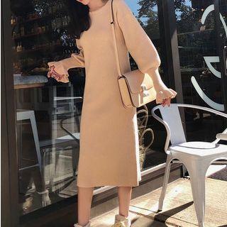 Balloon-sleeve Ribbed Midi Knit Dress