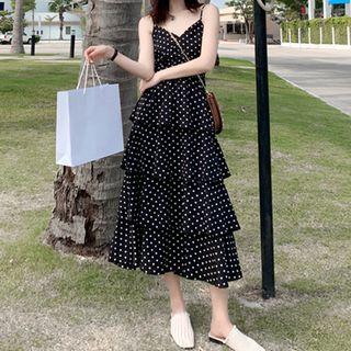 Dotted Spaghetti-strap Layered Midi A-line Dress