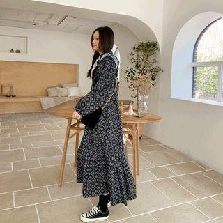 Ruffle-trim Floral Print Dress Khaki - One Size