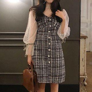 Mock Neck Puff-sleeve Mesh Blouse As Shown In Figure - One Size