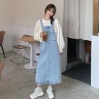 Long-sleeve Plain Loose-fit Blouse / Denim Loose-fit Overall Dress