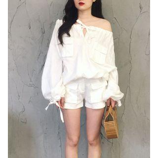 Long-sleeve Off-shoulder Linen Top / Wide-leg Shorts