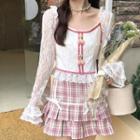 Long-sleeve Contrast Trim Cherry-accent Lace Top / Layered Plaid Mini Skirt