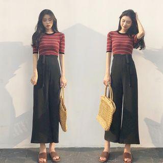 Set: Striped Short-sleeve T-shirt + High Waist Cropped Wide-leg Pants