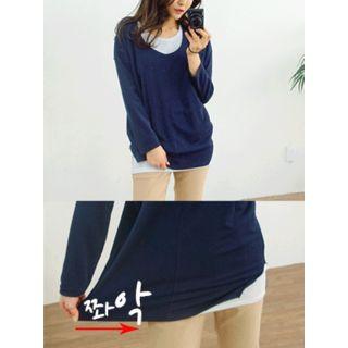 Scoop-neck Overlay Long T-shirt