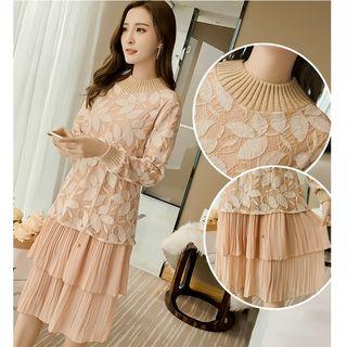 Chiffon Panel Long-sleeve Lace Dress