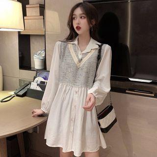 Mock Two-piece Tweed Panel Shirtdress