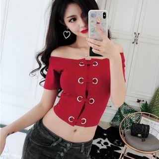 Off-shoulder Lace Up Short-sleeve Top