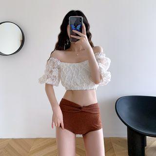 Set: Puff-sleeve Cropped Lace Swim Top + Bottom