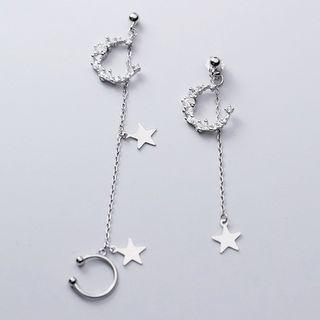 Non-matching Rhinestone Crescent Star Dangle Earring 1 Pair - Silver - One Size