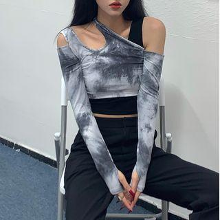 Long-sleeve Tie-dye Halter Cropped Top
