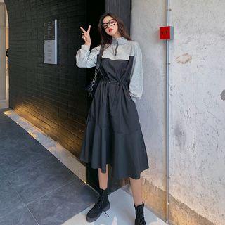 Color-block Mock-neck Long-sleeve Loose-fit Dress Black - One Size