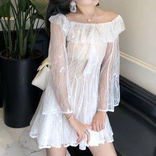 Ripped Denim Jacket / Off-shoulder Lace Mini Dress / Strapless Dress / Set