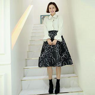 Flower Print A-line Satin Skirt