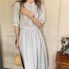 Elbow-sleeve Striped Midi A-line Dress Plaid - Gray & White - One Size