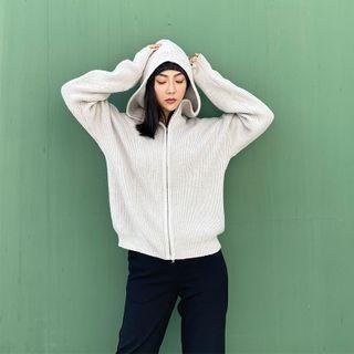 Plain Zip Striped Cardigan Gray - One Size