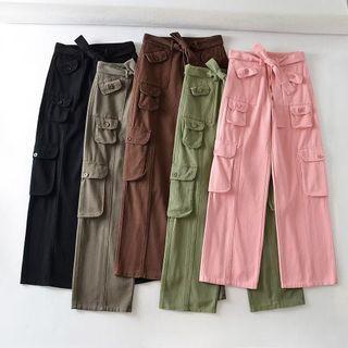Tie-waist Wide Leg Pocket Plain Cargo Pants