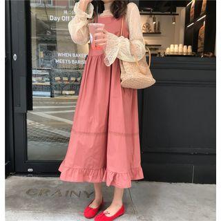 Bell-sleeve Lace Top / Spaghetti Strap Midi Lace Trim Dress