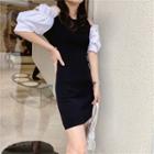 Cold Shoulder Short-sleeve A-line Dress Black & White - One Size