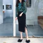 Tie-neck Embroidered Long-sleeve Blouse / Slit Midi Knit Skirt