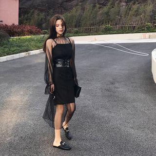 Set: Sheer Midi Dress + Slipdress + Lace-up Belt