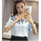Embroidered Open Shoulder Short-sleeve Chiffon Top