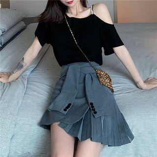 Asymmetric Cutout Shoulder Top / Asymmetric Pleated Panel Mini Skirt