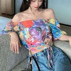 3/4-sleeve Off-shoulder Drawcord Crop Top