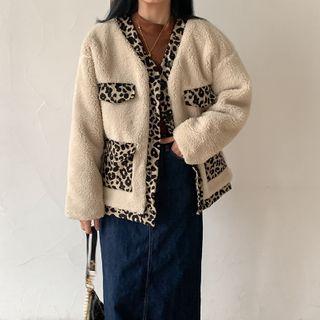 Leopard Print Panel Fleece Jacket Almond - One Size