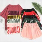 Set: Loose-fit Short Sleeve Lettering T-shirt + Two-tone Sweatshorts